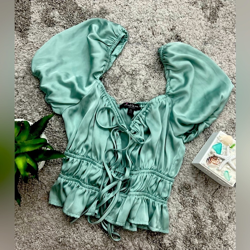Green Silky Puff Sleeve Shirt Satin